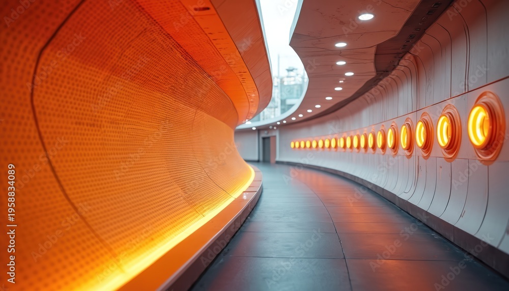 Fototapeta premium Modern empty corridor with orange glowing panels and circular lights. Futuristic interior with geometric patterns and smooth walls. Contemporary architecture with perspective and depth.