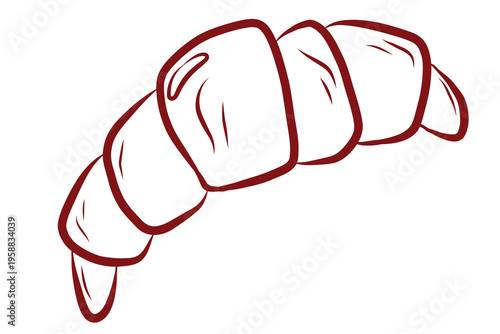 Vector line art croissant in doodle style, Minimalist dark red outline vector illustration of a crescent croissant pastry.