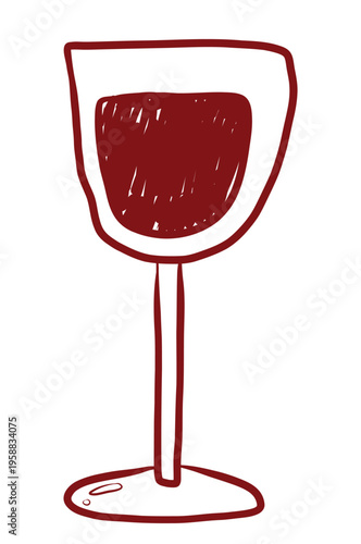Hand drawn vector line art illustration of wine glass with red liquid, doodle style isolated icons for bar menu, party or winery.