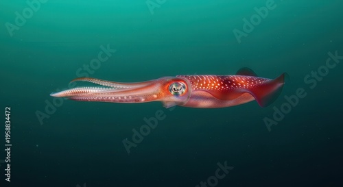 Vivid Deep Sea Squid Swimming in Ocean Clear Waters Underwater Scene