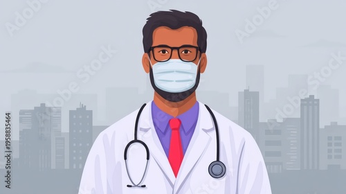 Illustration of a male doctor wearing glasses, a face mask, and a white coat with a stethoscope, set against a city skyline background.