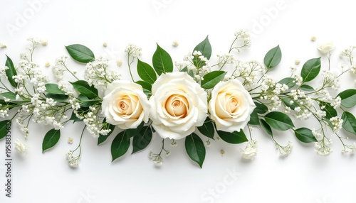 Three elegant white roses with green leaves, delicate gypsophila flowers arranged on clean white surface. Floral composition perfect for wedding designs, invitations, elegant decoration.
