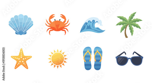 Beach icon set features a seashell, crab, wave, palm tree, starfish, sun, flip flops, and sunglasses.
