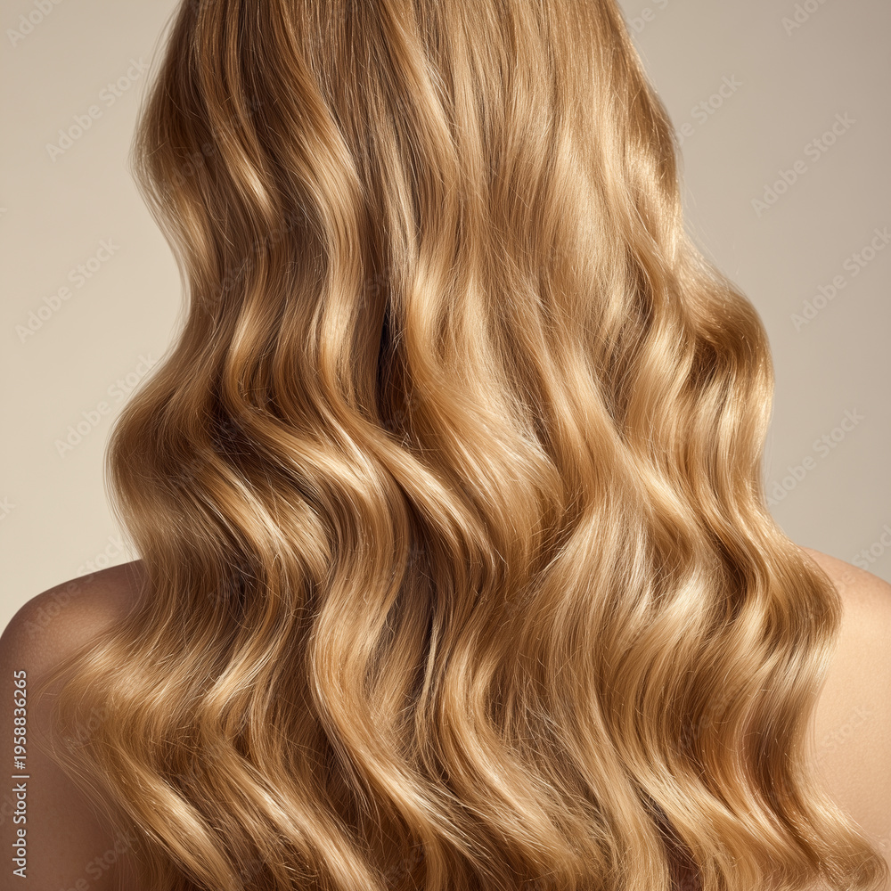 Naklejka premium Back view of a woman with long voluminous wavy blonde hair and healthy shiny texture. Professional beauty portrait for hair care, coloring, and salon advertising on beige background
