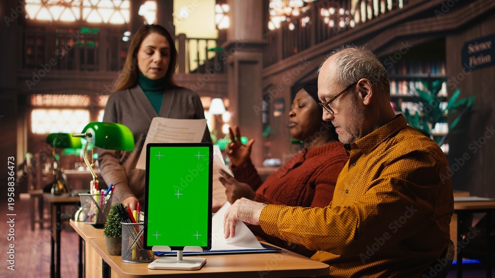 Fototapeta premium Focused diverse people studying in public library with green screen on pc, researching educational materials and reading. Using library resources for coursework and school exams.