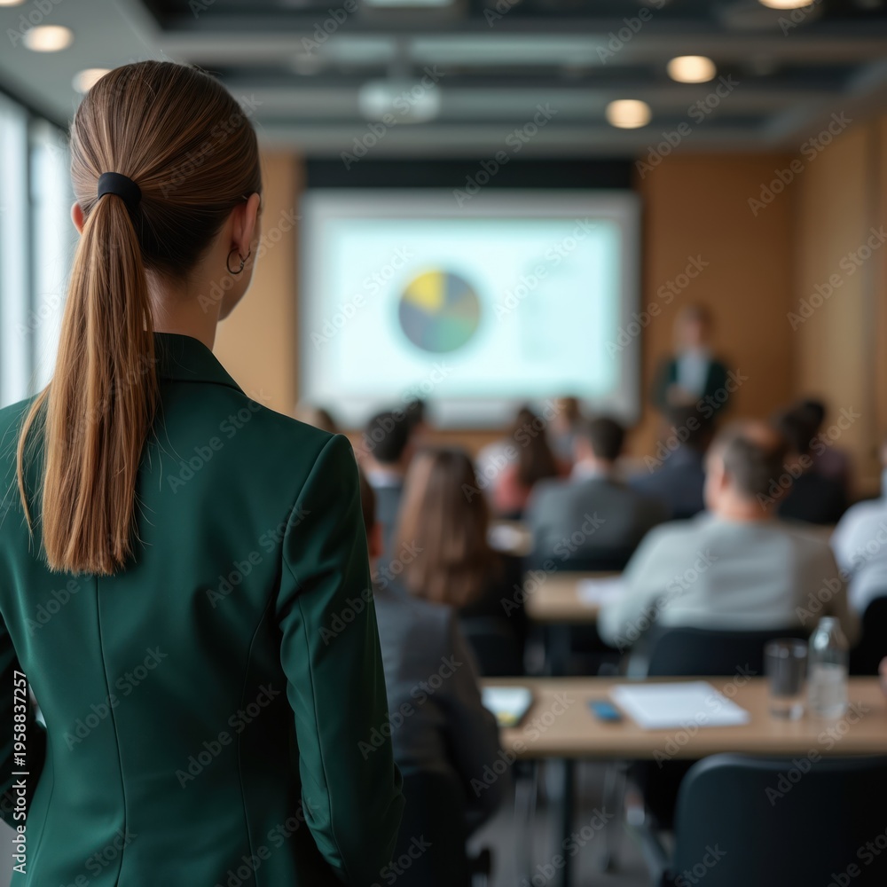 Fototapeta premium Woman in green suit presents data on screen to audience in conference room. Business professionals attend meeting, listen actively. Event focused on strategy and growth.