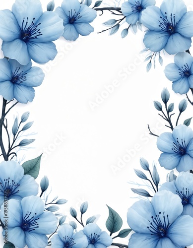 Delicate blue flowers and branches form a decorative border on white. Gentle petals and buds suggest springtime growth and natural beauty for design.