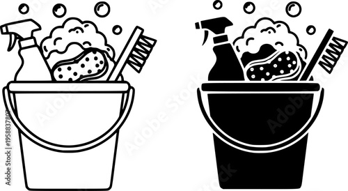 ofvs324 OutlineFilledVectorSign ofvs - cleaning vector icon . bucket with cleaning items and foam . sign . isolated transparent . black outline and filled version . AI 10 / EPS 10 / PNG . g11664