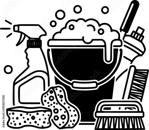 ofvs324 OutlineFilledVectorSign ofvs - cleaning vector icon . bucket with cleaning items and foam . sign . isolated transparent . black outline and filled version . AI 10 / EPS 10 / PNG . g11664