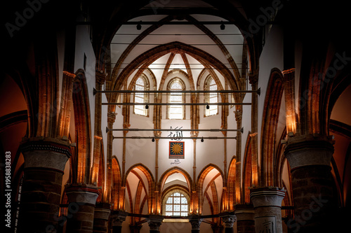 Selimiye Mosque interior showing historic gothic architecture and Islamic calligraphy. Nicosia, Cyprus,