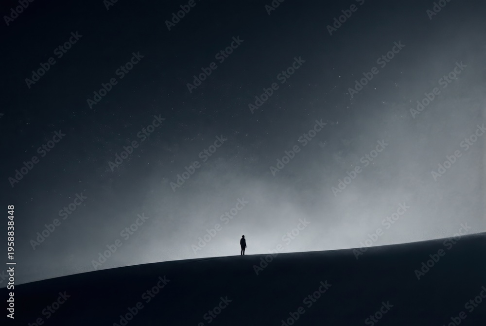 Fototapeta premium Solitary figure standing on abstract horizon captured in a surreal landscape illuminated by ethereal light reflecting the essence of solitude and introspection