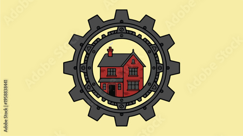 Gear with house inside circle.