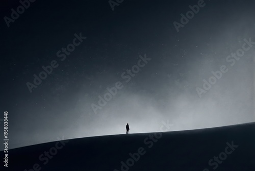 Solitary figure standing on abstract horizon captured in a surreal landscape illuminated by ethereal light reflecting the essence of solitude and introspection