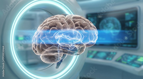 A brain is shown in a machine with a blue light