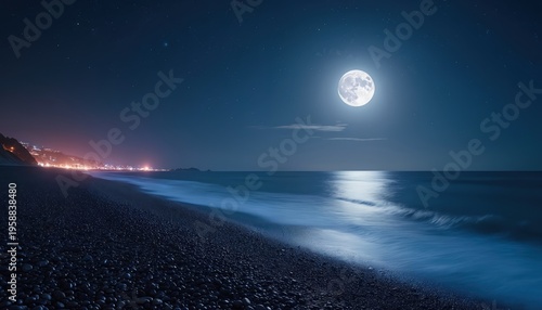 Full moon shines brightly over dark ocean waves washing onto a pebble beach. Distant town lights glow along the coast under starry sky. Peaceful night landscape.