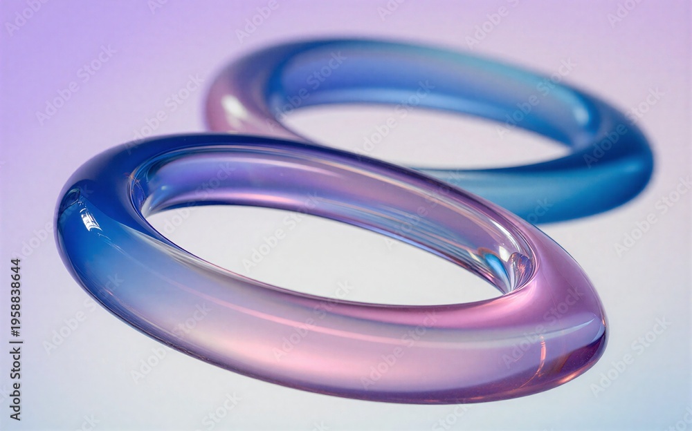 Fototapeta premium Two iridescent rings glow with blue and purple hues against a soft