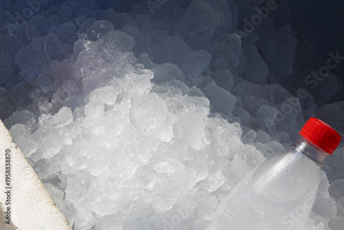 A clear plastic water bottle with a vibrant red cap rests among sparkling crushed ice. 