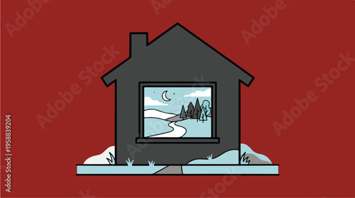 House Winter Scene Through Window.