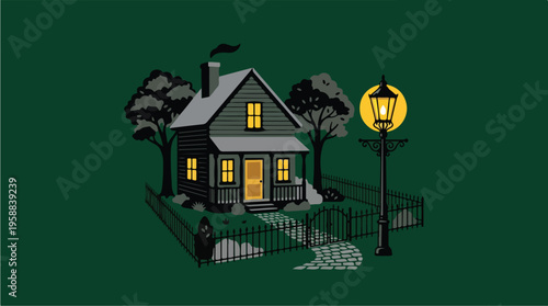 House with Fence and Lamp.
