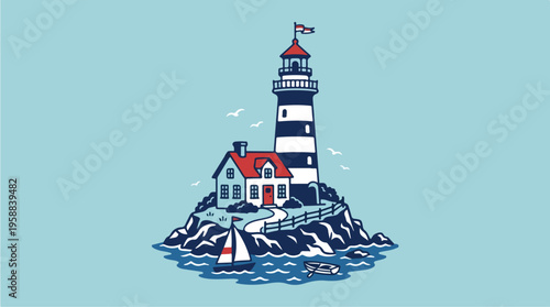 Lighthouse on rocky island sea.