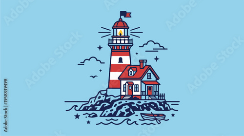 Lighthouse on rocky island shore.