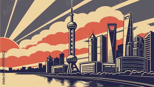 Stylized Retro Travel Poster Depicting Modern City Skyline Architecture Along Waterfront District Development shanghai skyline