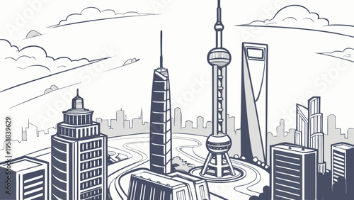 Monochrome Drawing of Tall Modern Architecture in a Bustling Cityscape with Prominent Landmark Towers shanghai skyline