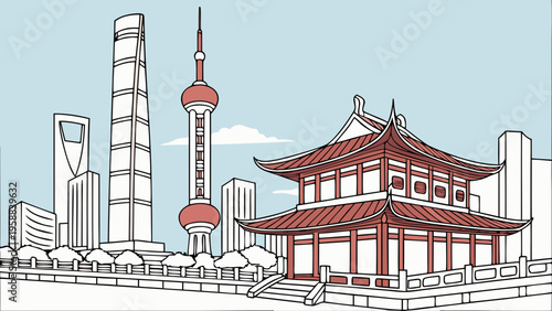 Contemporary Asian Metropolis Skyline Contrasting Traditional Pavilion Architecture Landmark Travel Destination shanghai skyline