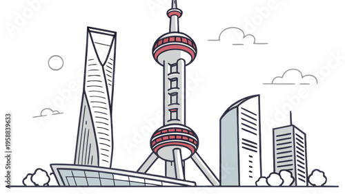 Modern City Skyline Famous Tall Structures Asian Metropolis Architecture Line Drawing Style shanghai skyline