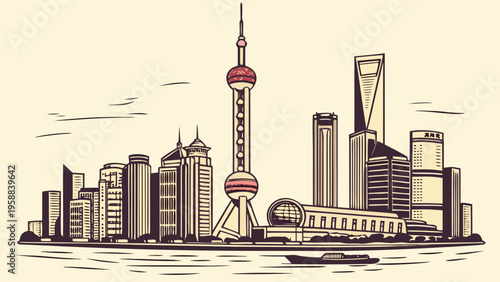 Cityscape skyline drawing featuring tall modern architectural structures and a distinctive central tower above water with a boat shanghai skyline
