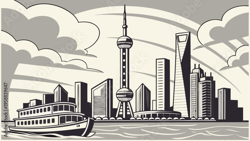 Monochromatic cityscape panorama featuring modern towers and a classic vessel navigating a busy waterfront area shanghai skyline