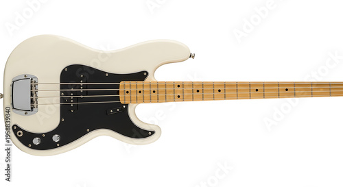 A close-up view of a cream-colored electric guitar with a black pickguard and light wood neck on a white background.
