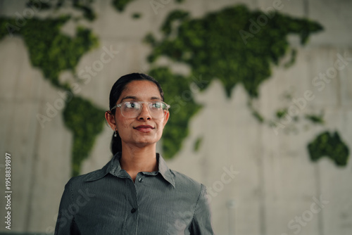 Indian businesswoman in glasses looking away against a green moss world map, embodying global vision and sustainability