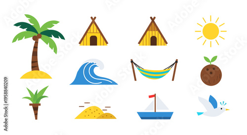 A vibrant icon set depicting a serene beach scene with palm trees and huts.