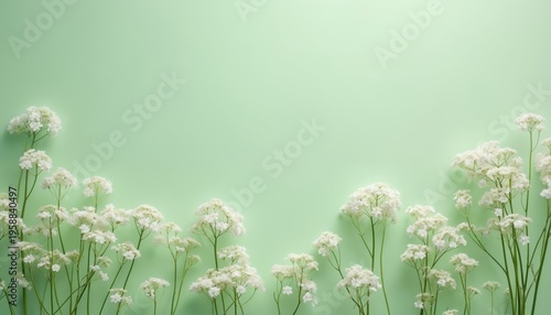 Delicate white flowers form border against soft pastel green backdrop. Minimalist composition suitable for spring or summer themes. Fresh botanical arrangement feels airy and light.