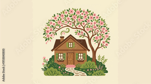 Small house with pink tree.