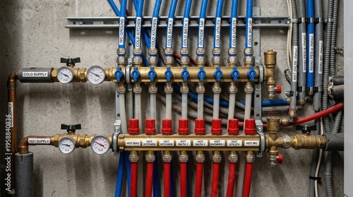 Intricate plumbing system closeup showcasing a modern cold and hot water distribution manifold with multiple pipes, valves, and pressure gauges for efficient heating and cooling regulation