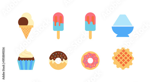 Colorful illustrations of 31 sweet treats including ice cream and cupcakes on display
