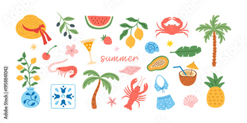 Set of summer tropical beach elements