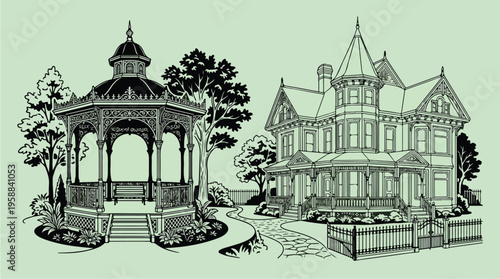 Victorian house and gazebo.