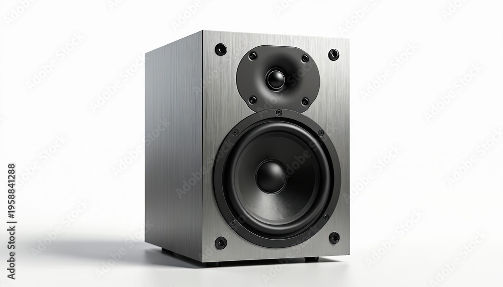 Fototapeta premium Modern audio speaker with woofer and tweeter sits on white surface. Brushed metal finish on speaker box, studio quality sound equipment for home theater or music production.