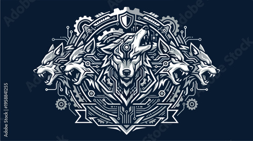 Wolf heads in ornate design.