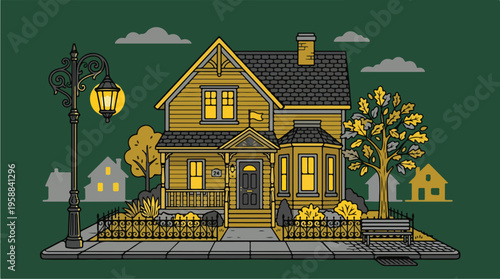 Yellow house with black roof.