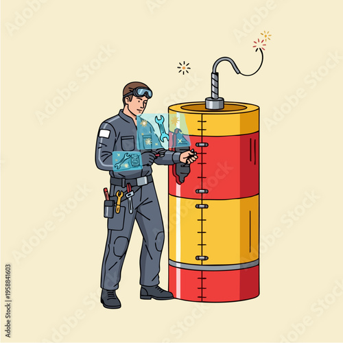 Bomb disposal expert with device.