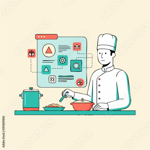 Chef Cooking with Digital Interface and Food Preparation.