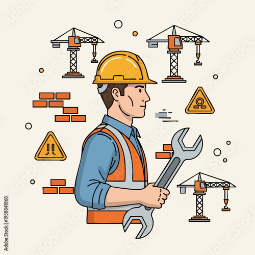 Construction Worker Holding Wrench.