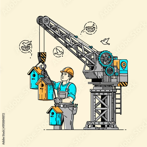Construction worker building birdhouses with a crane.