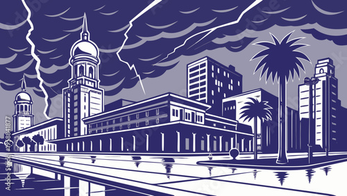 Dramatic Monochrome Cityscape Featuring Tropical Architecture Under Severe Thunderstorm Weather Conditions tampa skyline
