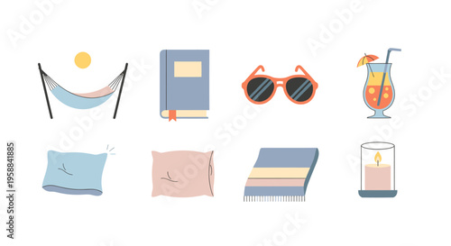 A colorful icon set depicts a relaxing summer scene with hammock, book, sunglasses, and drink.