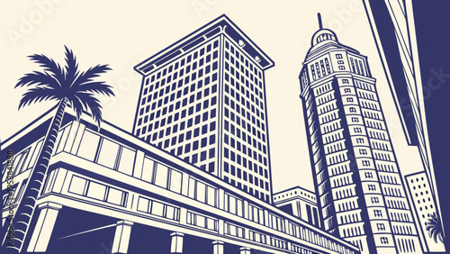 Low Angle View of Art Deco Cityscape with Palm Tree Architectural Design in Cream and Navy Tones tampa skyline